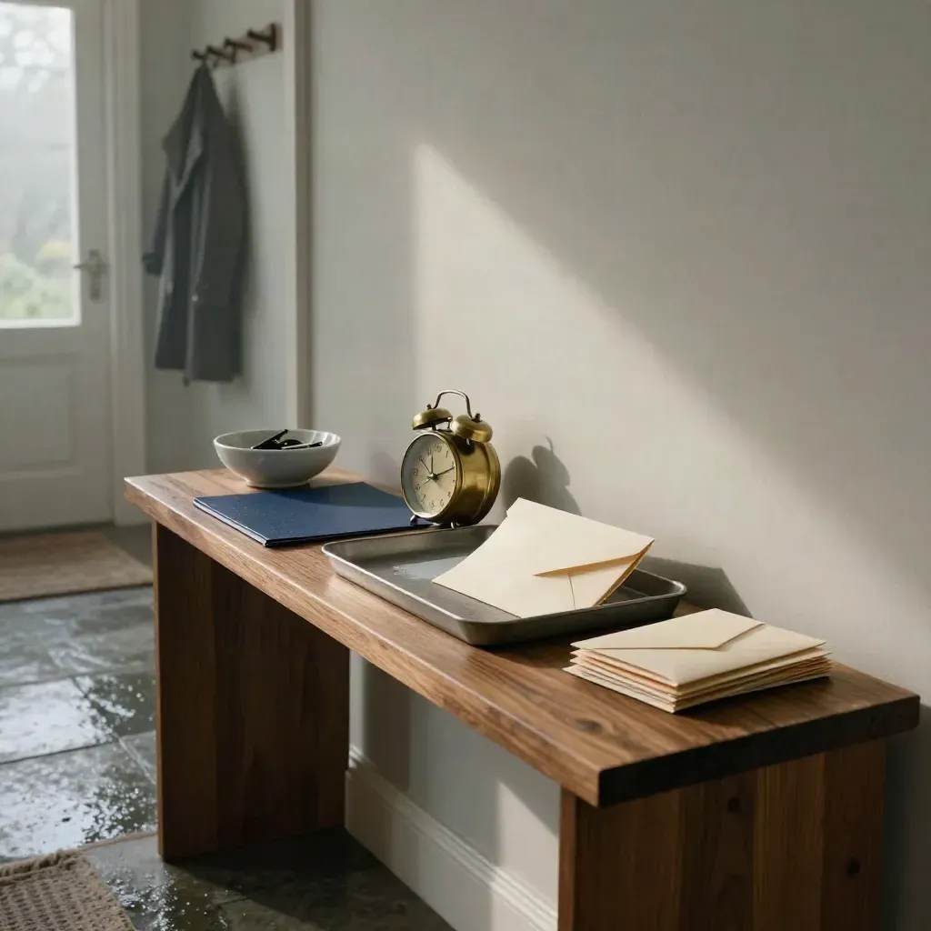 Console d’ingresso con busta, orologio e cartella blu in luce mattutina cinematografica.
