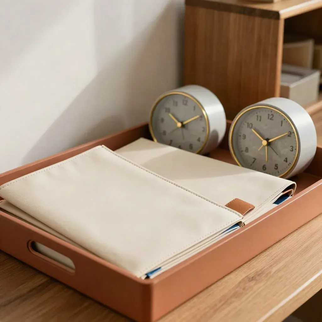 Tre buste organizer, un vassoio diviso e due orologi da tavolo in luce calda.