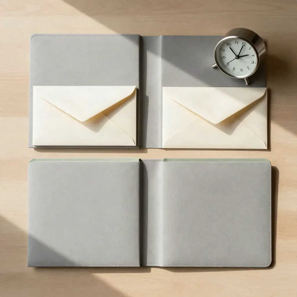 Due cartelle chiuse, due buste e un orologio su legno chiaro, in luce naturale soffusa.