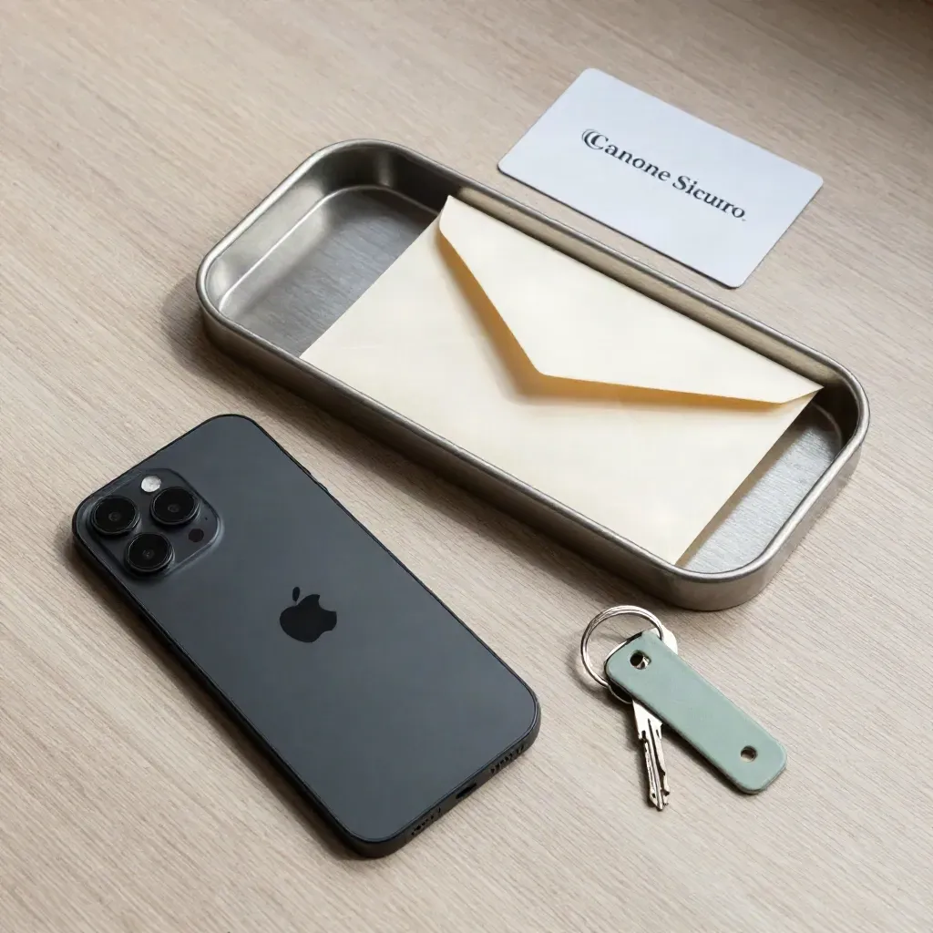 Smartphone, busta sigillata, portachiavi e vassoio postale su legno chiaro