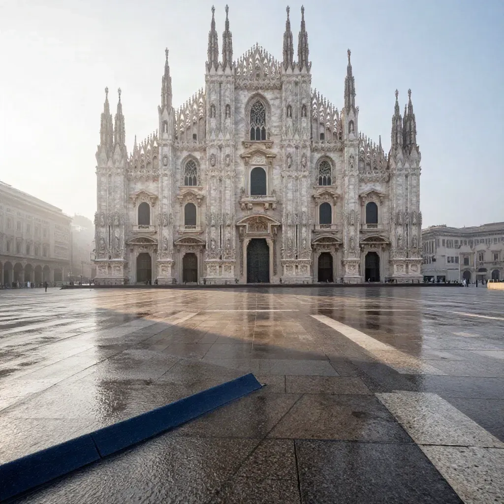 Le guglie del Duomo di Milano emergono nella nebbia su una piazza bagnata e vuota.