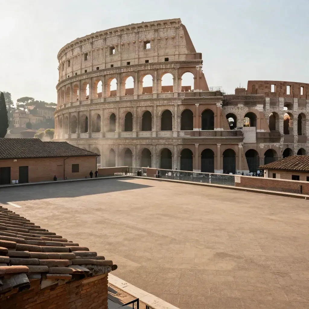 Il Colosseo e tetti romani al tramonto, con cortile vuoto e luce calda.