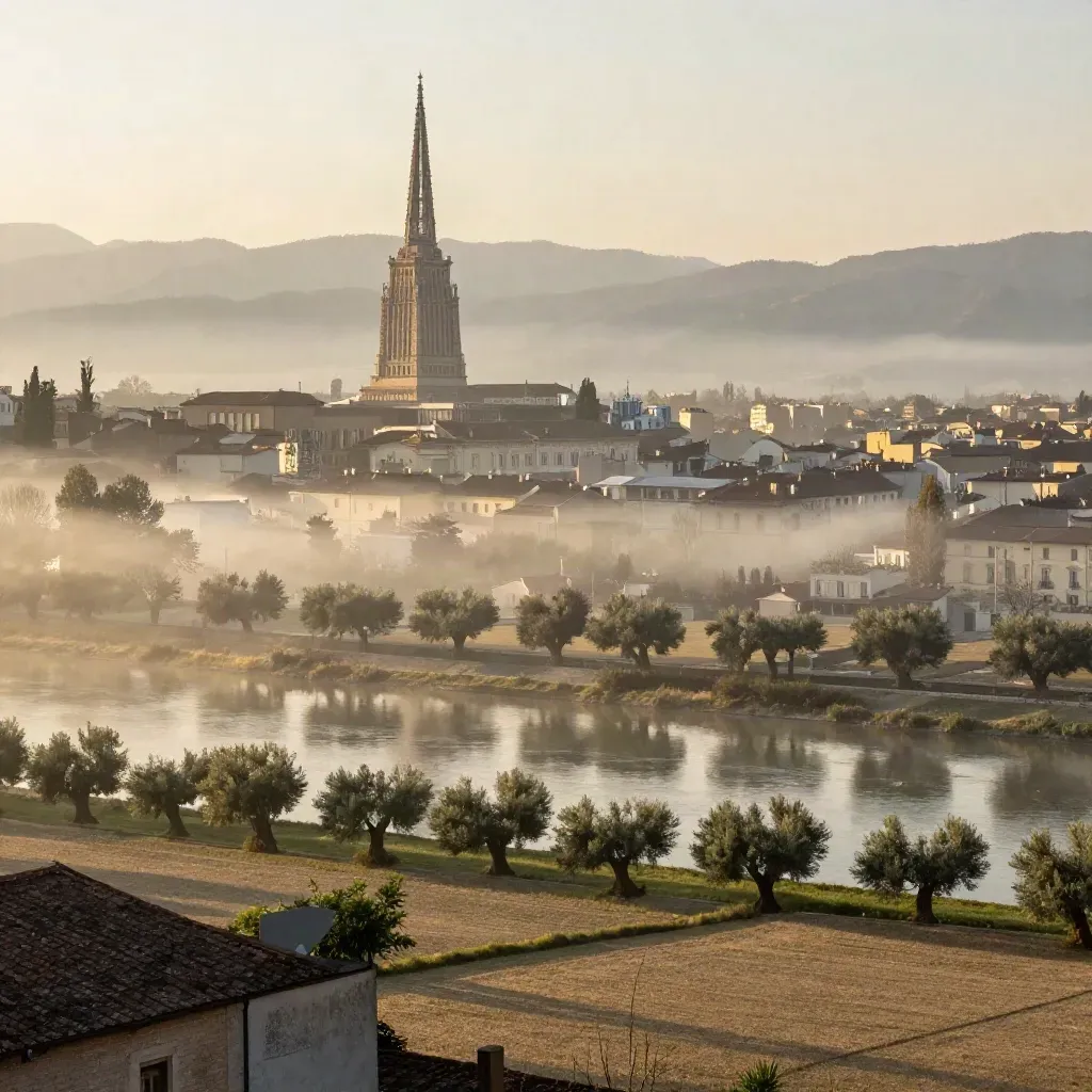 Torino con la Mole Antonelliana e le Alpi velate nella luce dorata del tramonto