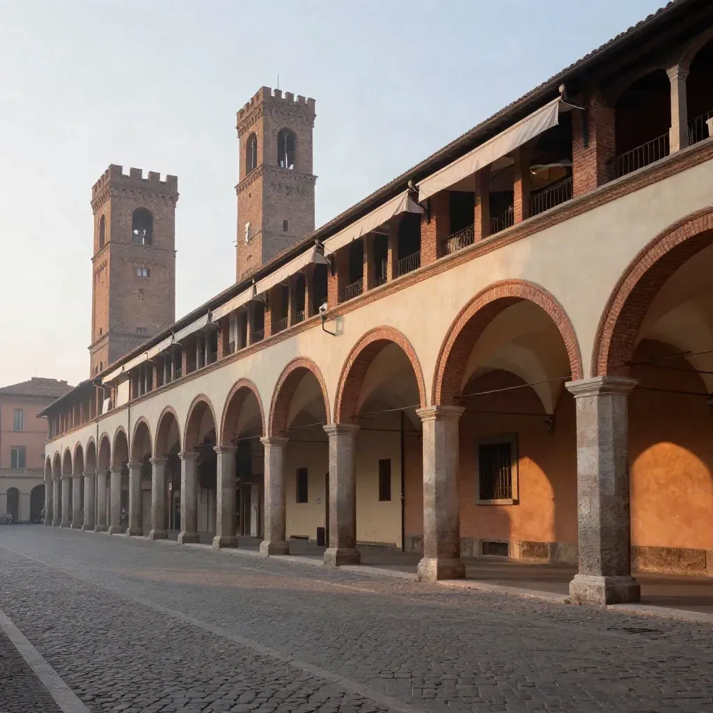 Portici di Bologna al tramonto con Torre degli Asinelli e strada acciottolata vuota